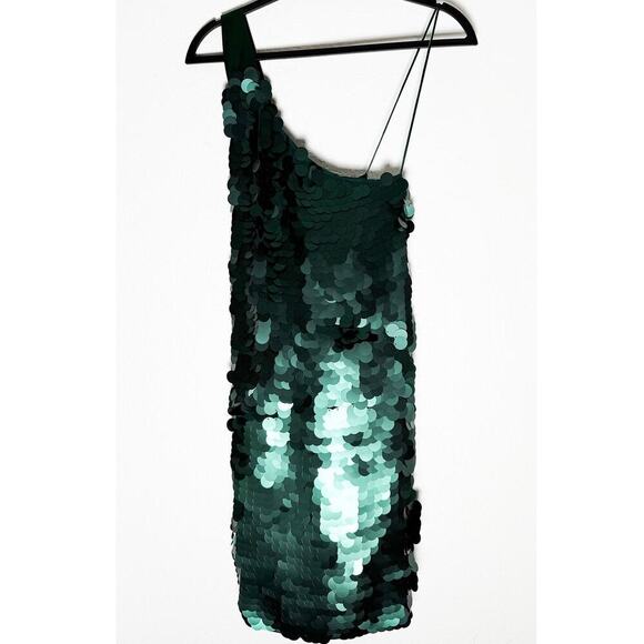 Anthropologie x Maeve Women's Sequined One-Shoulder Mini Dress Forrest Green NWT - Picture 6 of 14